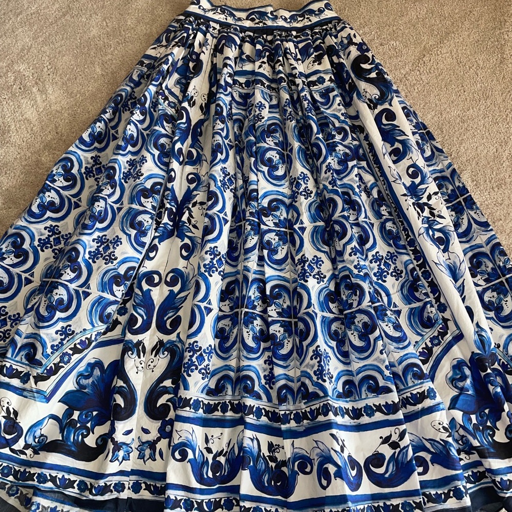 Greek Holiday Blue and White Floral Print Full Skirt- Beach/ Resort/ Cruise